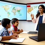 A diverse after-school instructor (e.g., South Asian looking) seated at a modern desk with a laptop, enthusiastically teaching a group of globally diverse children via a large video conference screen. Children from various international backgrounds (e.g., a child in Dubai, another in Canada, another in Europe) are visible on the screen, actively participating and smiling. The scene is dynamic, with digital elements and a subtle global map in the background, symbolizing online connectivity and international reach. The atmosphere is bright, modern, and engaging.